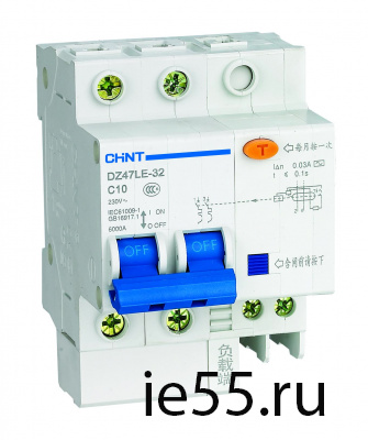 Дифференциальный автоматический выключатель DZ47LE-32 2P 32A 100mA тип AC х-ка С 6kA (CHI 101000718